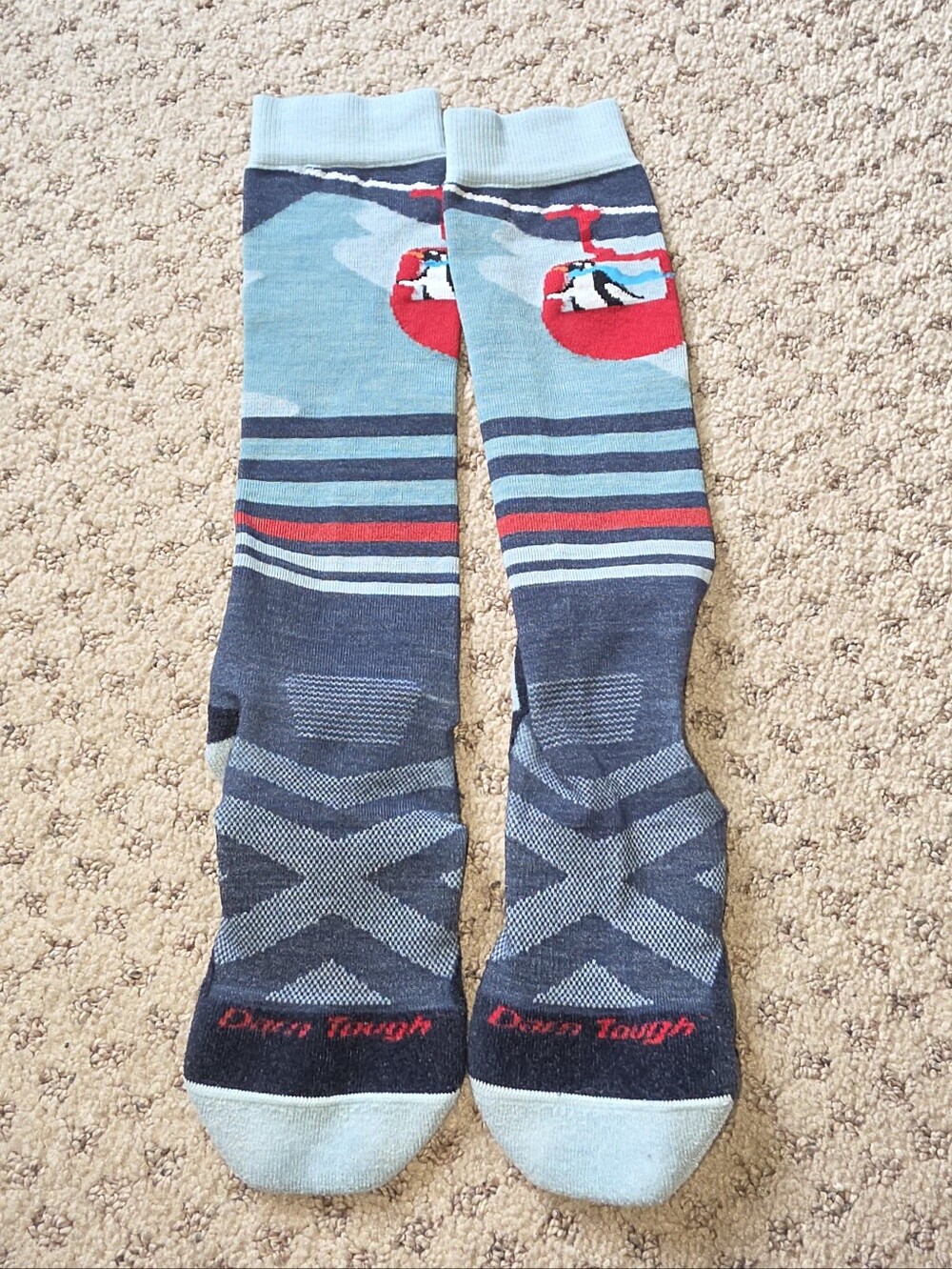 Darn Tough Over The Calf Kids' Light Blue & Navy Crew Socks with Red Accent